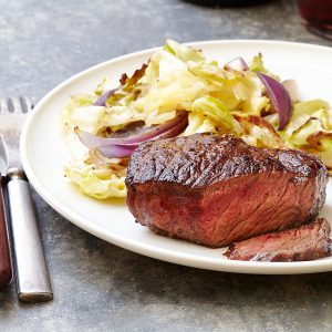 Steak with Cheddar Roasted Cabbage