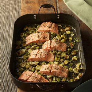 Garlic Roasted Salmon & Brussels Sprouts