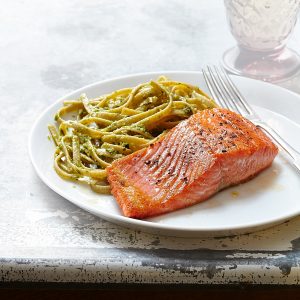 Seared Salmon with Pesto Fettuccine