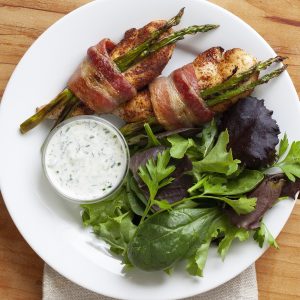 Bacon-Wrapped Chicken Tenders with Cucumber-Ranch Dressing